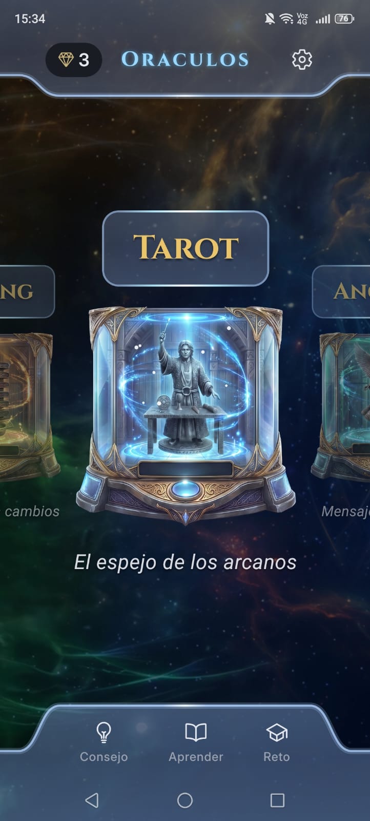 Selector de oráculos de la app Oráculos mostrando el Tarot, El espejo de los arcanos